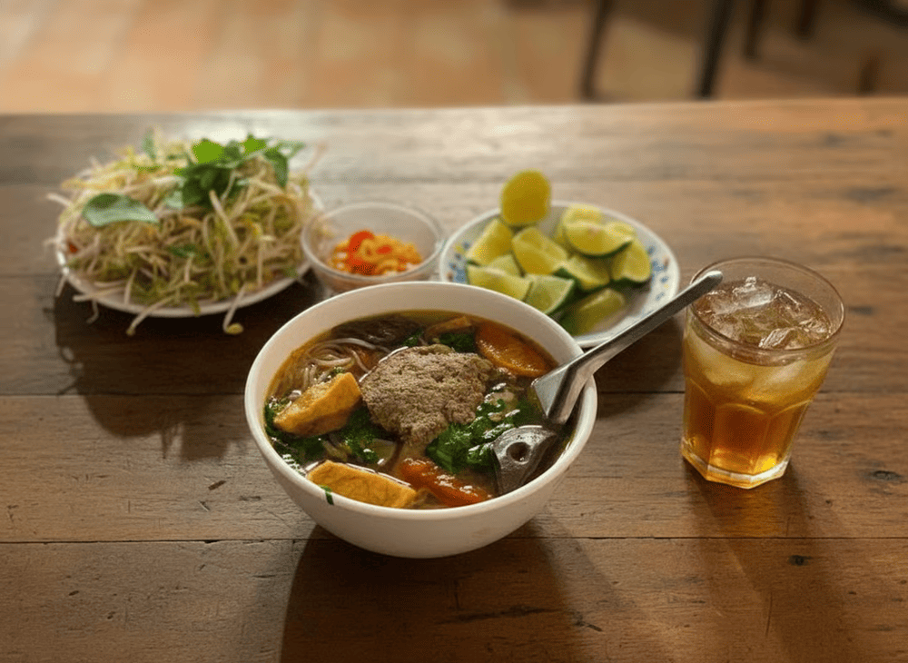 Bún riêu cua Côn Đảo thơm ngon nóng hổi, ăn kèm các loại rau sống đặc trưng gồm rau muống chẻ, rau đắng, giá sống